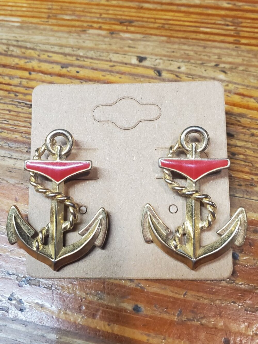 Vintage Avon Gold Tone Red Enamel Nautical Anchor Earrings